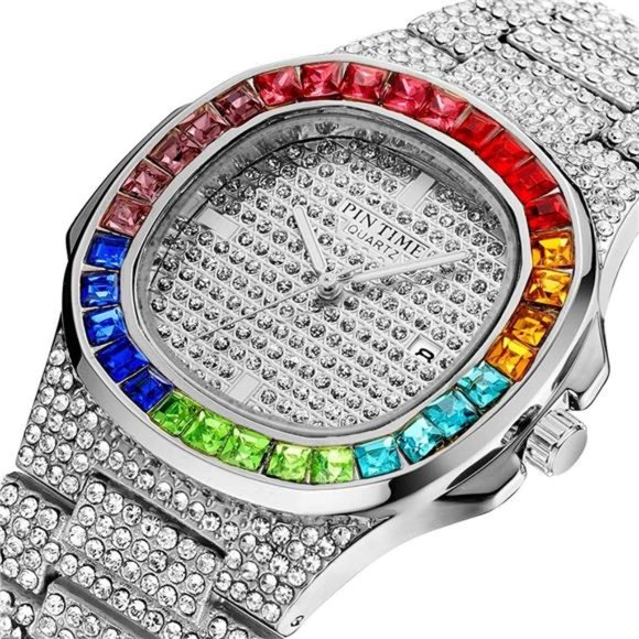 Luxury Bling-ed Out Colorful Diamond Watches Quartz Analog Stainless Steel Band - Picture 1 of 6